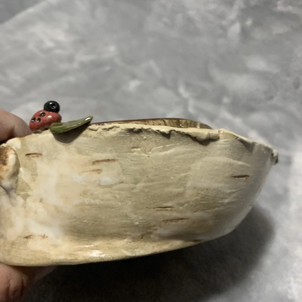 Unique Birch Bark Tree Stump Ceramic Vase Planter‎ Mug Ladybug Handle Decorative
